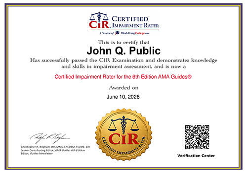Certified Impairment Rater certificate